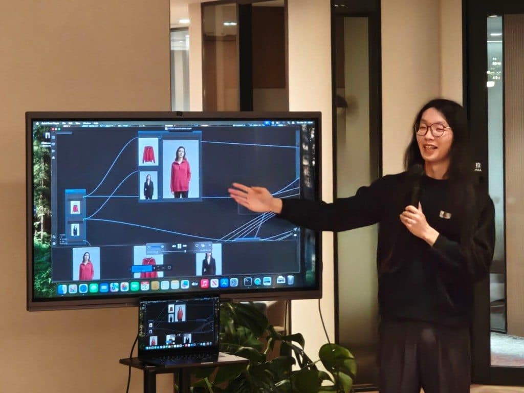 Adam presenting a live AI virtual try-on demo at an AI Tinkerers meetup