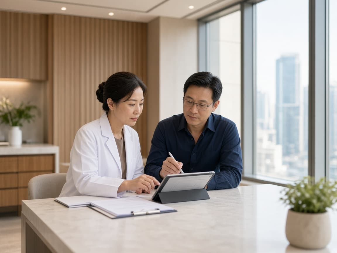 Doctor and operations specialist reviewing a clinical workflow